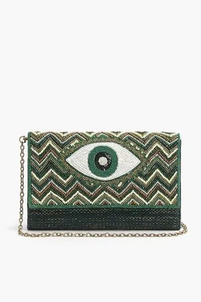 AB22629 Evergreen Evil Eye Beaded Clutch