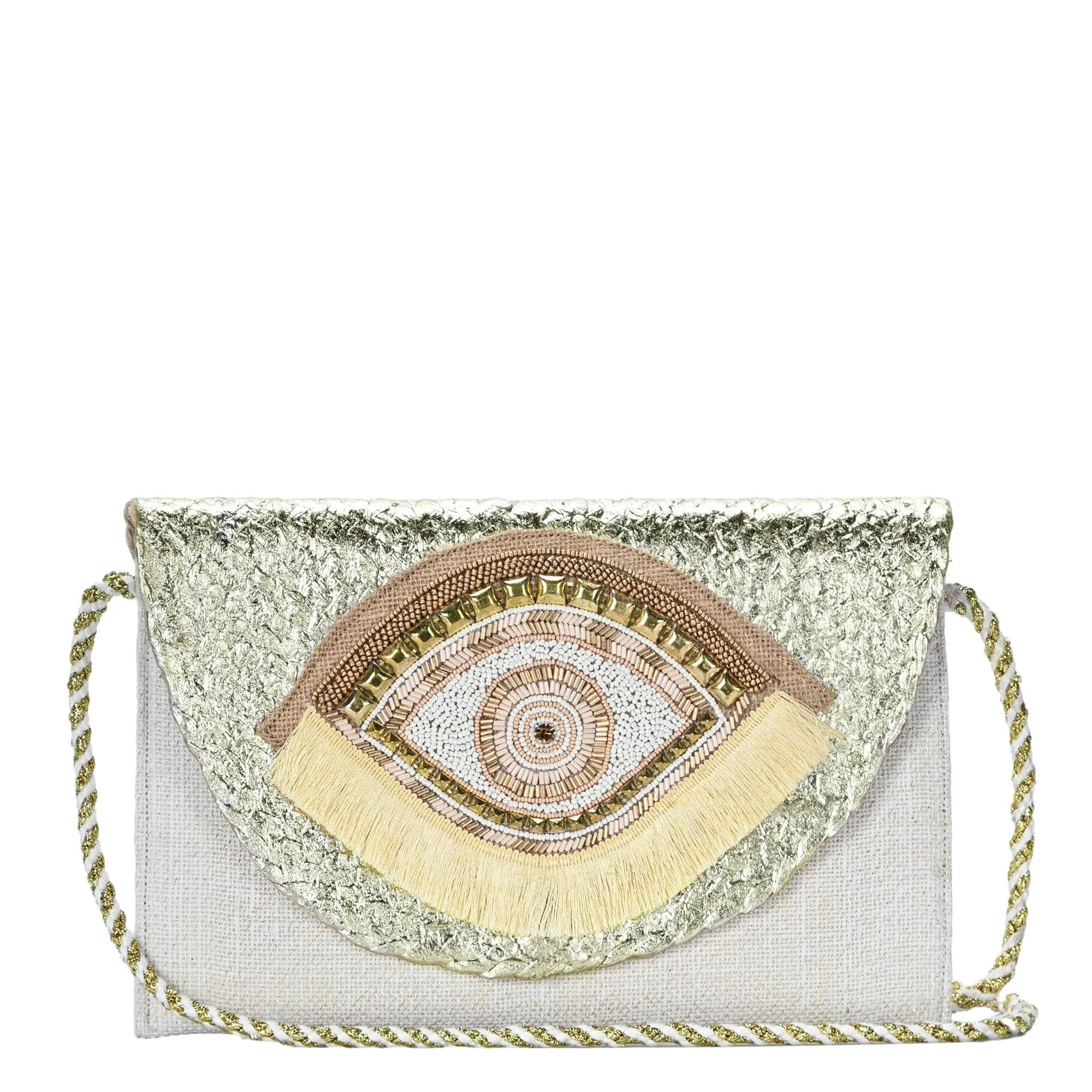 BGAIN307 Metallic Handbeaded Fringe Evil Eye Clutch/Crossbody