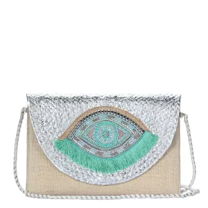 BGAIN307 Metallic Handbeaded Fringe Evil Eye Clutch/Crossbody