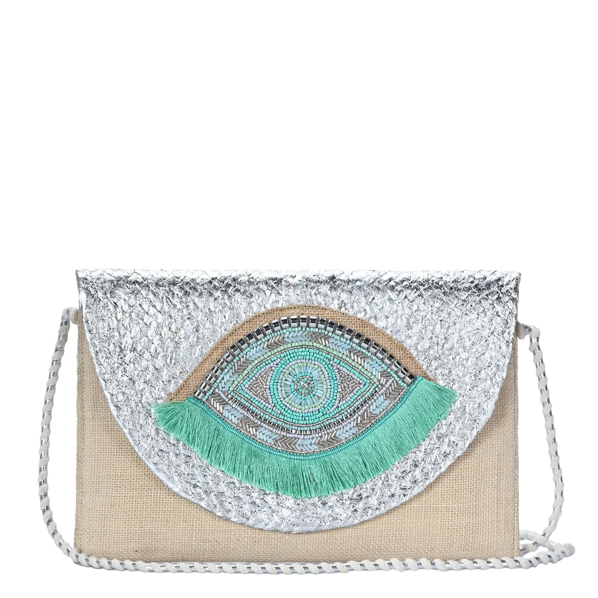 BGAIN307 Metallic Handbeaded Fringe Evil Eye Clutch/Crossbody