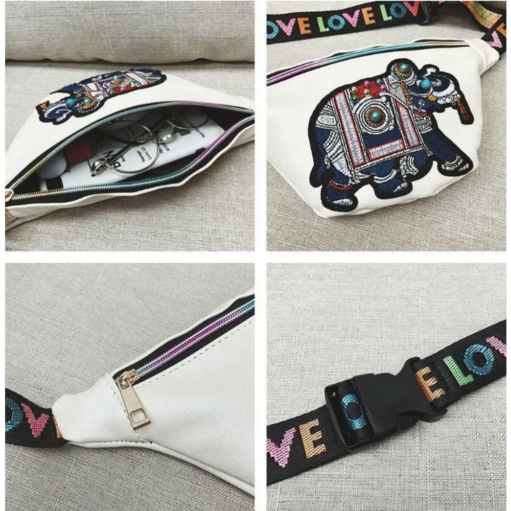 Elephant Love Boho Fanny Pack / Crossbody Bag - Black / White