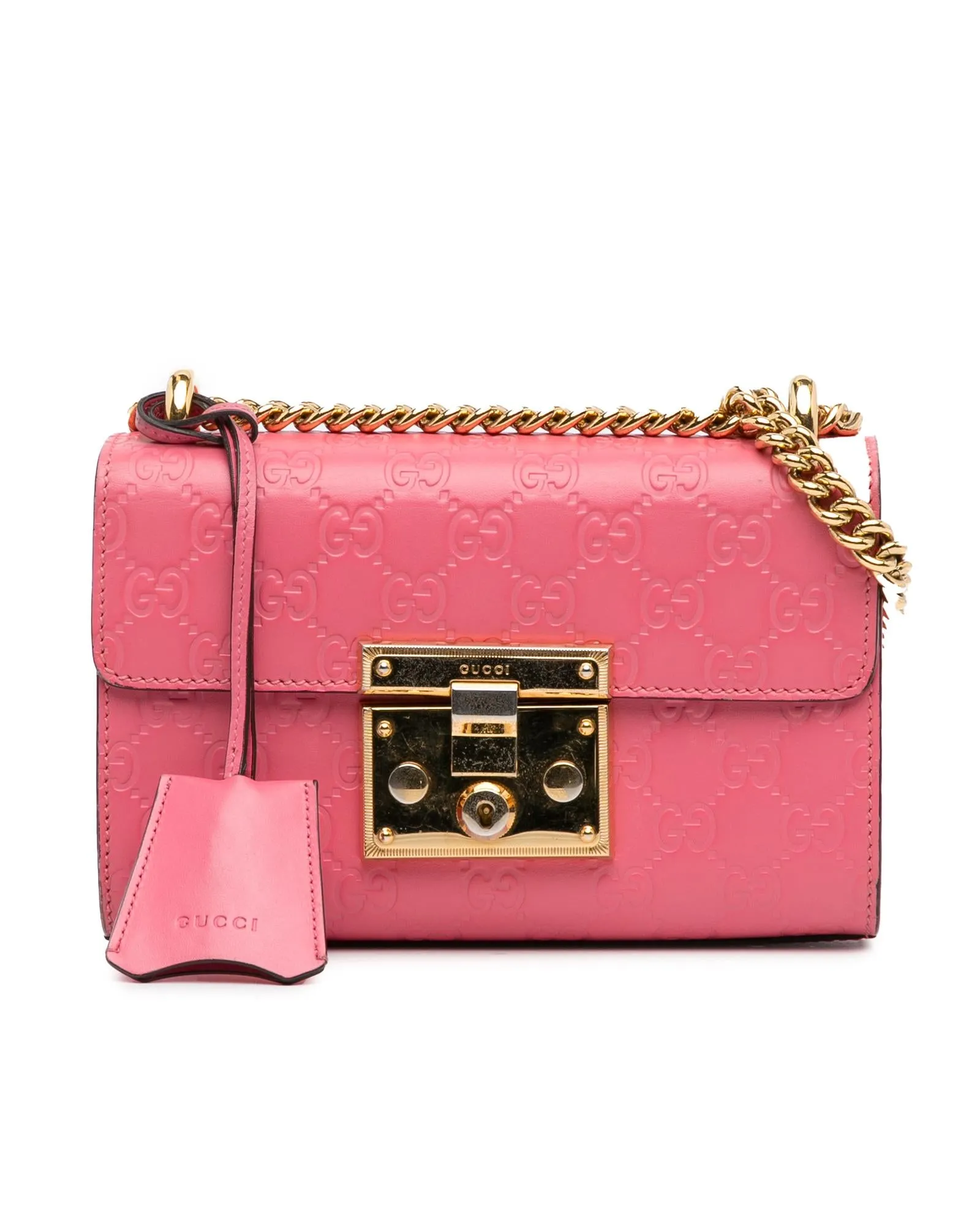 Embossed Leather Padlock Crossbody Bag with Gold-Tone Chain Straps