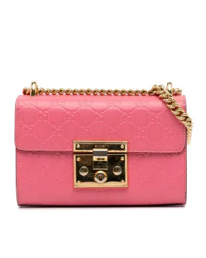 Embossed Leather Padlock Crossbody Bag with Gold-Tone Chain Straps