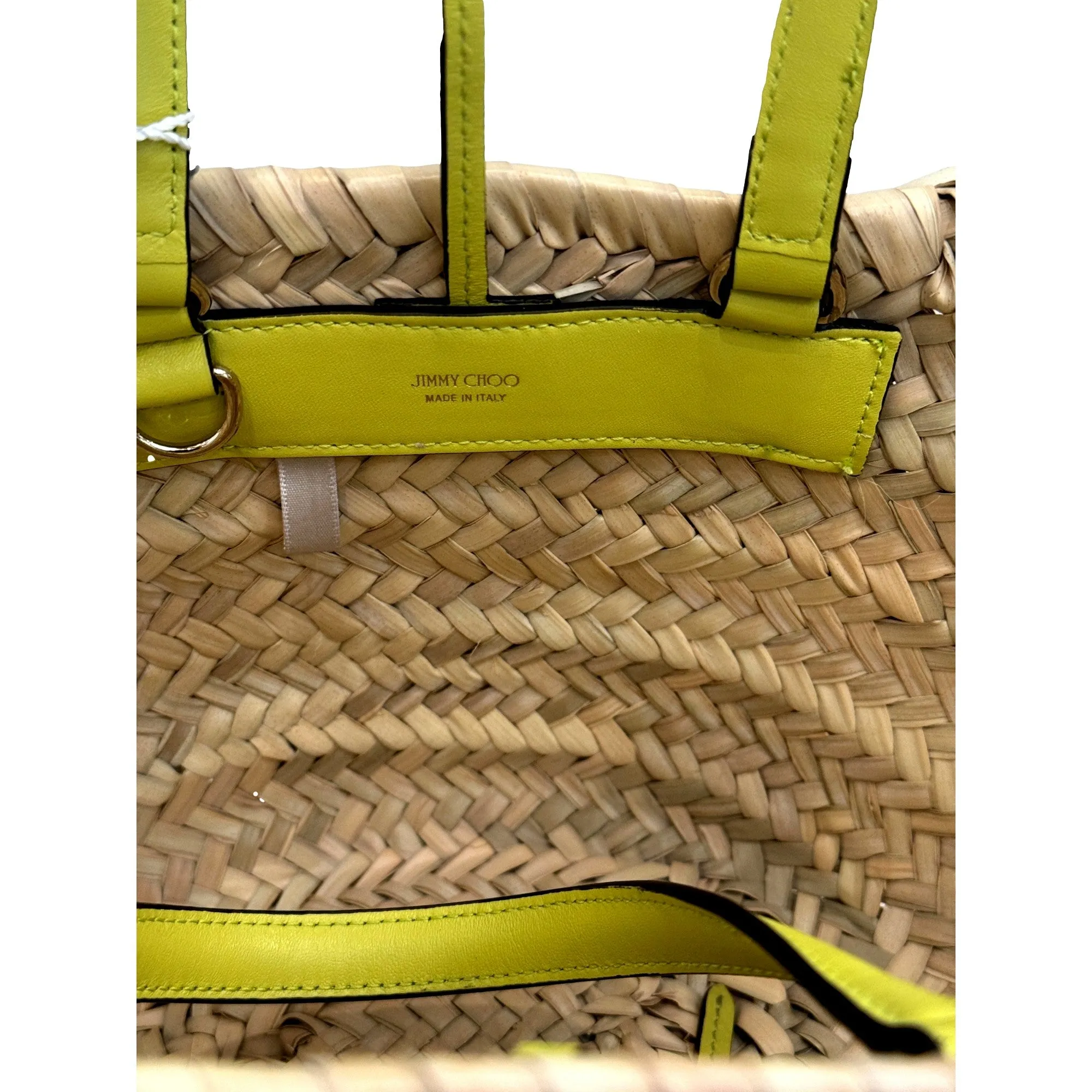 Jimmy Choo Logo Crossbody Tote Bag Natural Raffia Citron Yellow Trim