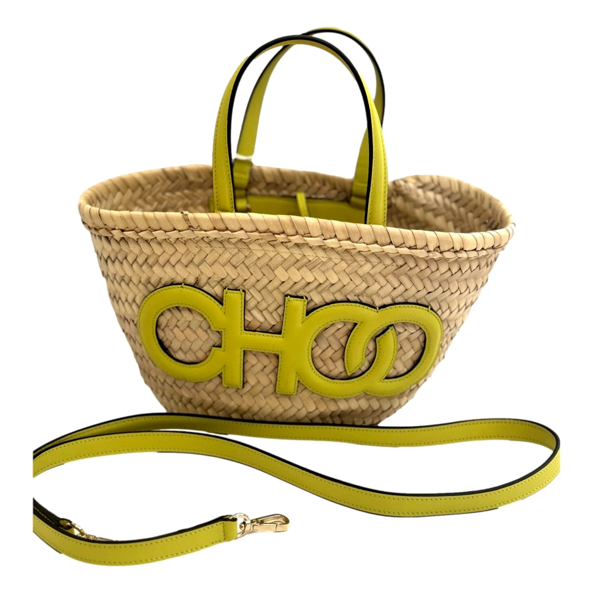 Jimmy Choo Logo Crossbody Tote Bag Natural Raffia Citron Yellow Trim