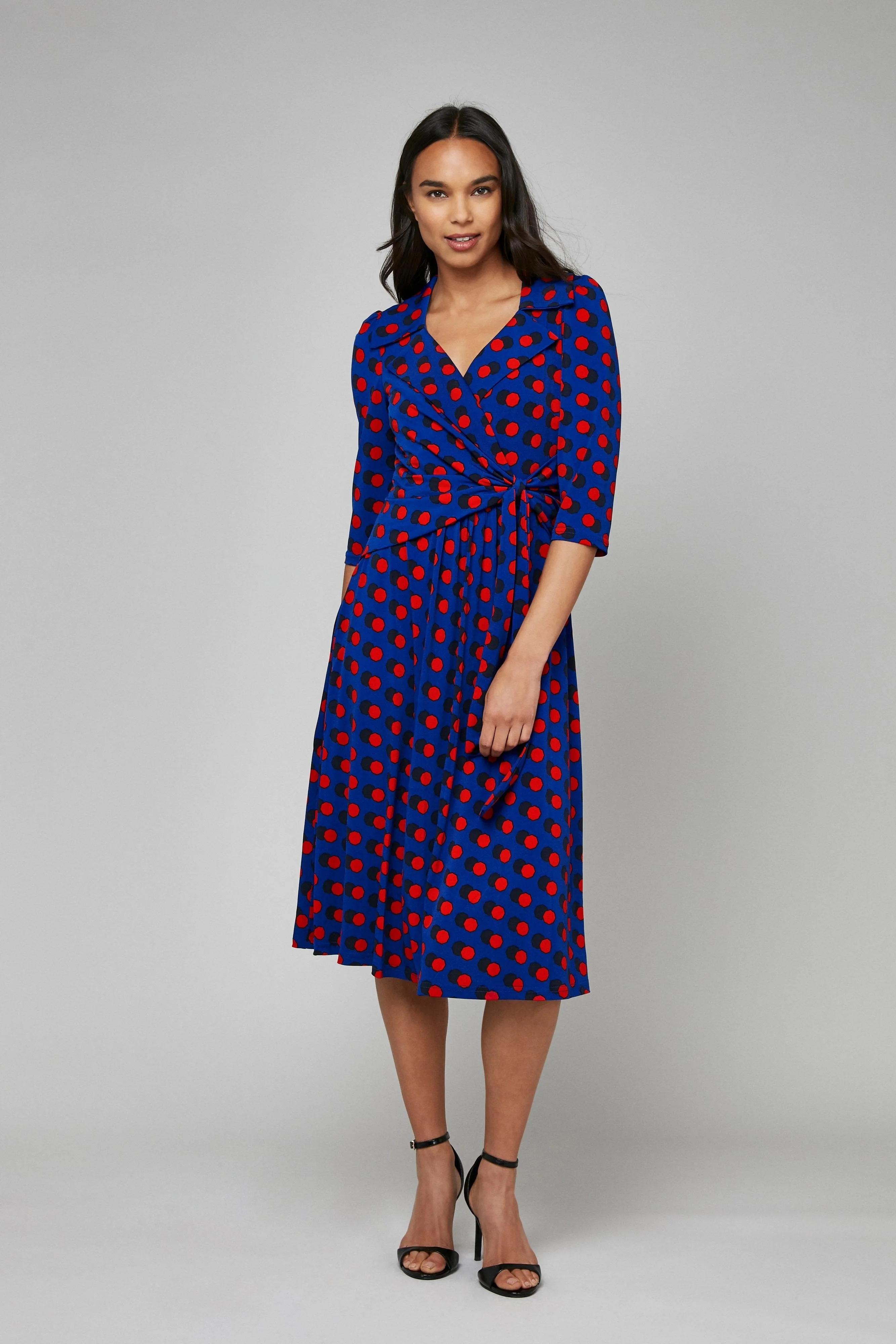 Jolie Moi Vintage Cross Front Jersey Tea Dress, Royal Polka