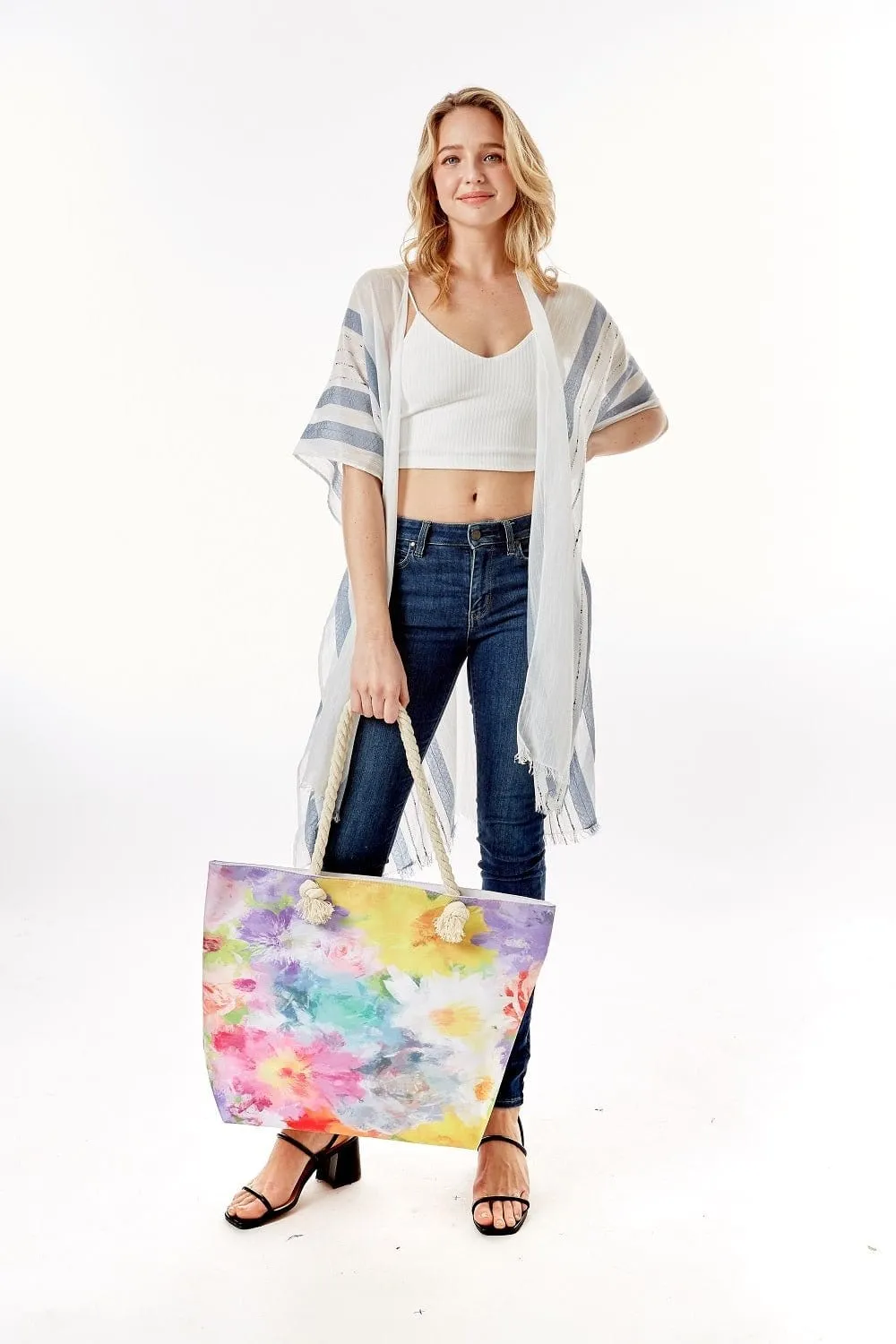 LOA337 Floral Rainbow Tie-dye Summer Beach Tote Bag