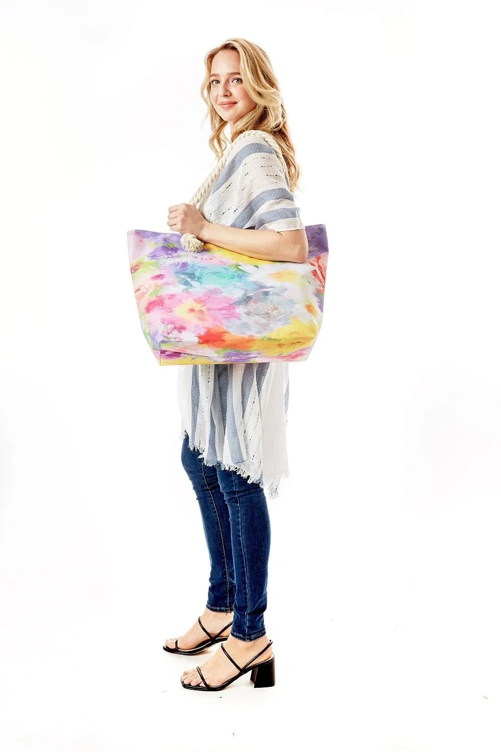 LOA337 Floral Rainbow Tie-dye Summer Beach Tote Bag