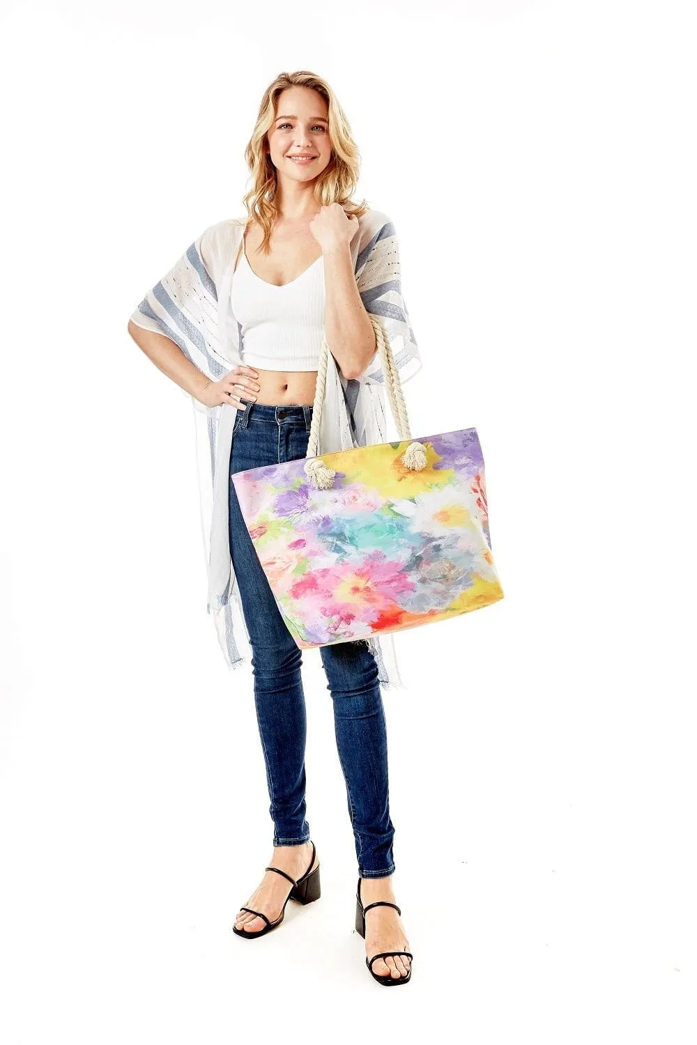 LOA337 Floral Rainbow Tie-dye Summer Beach Tote Bag