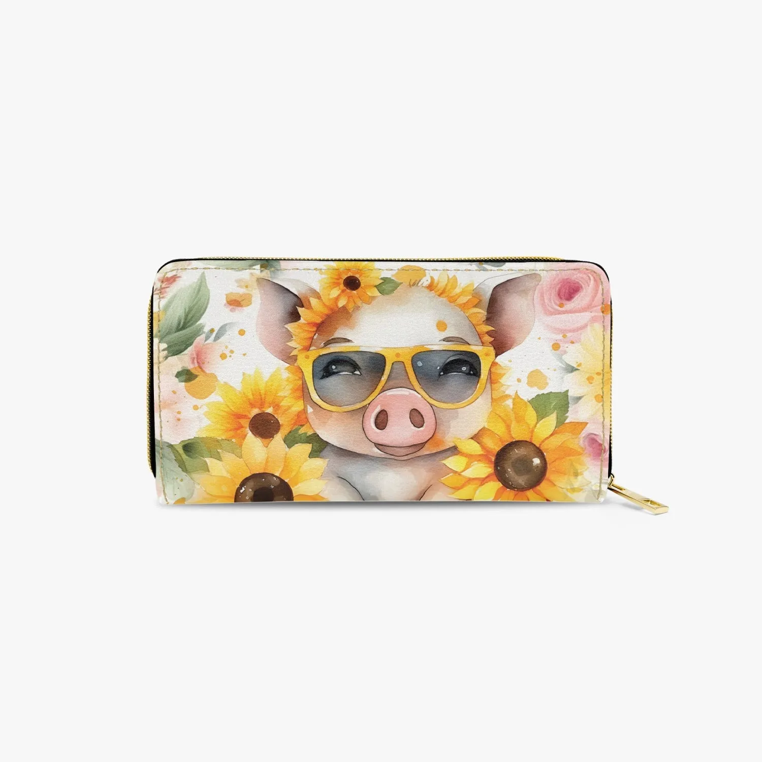 Long Type Zipper Purse, Pig, Sunflowers, awd-658