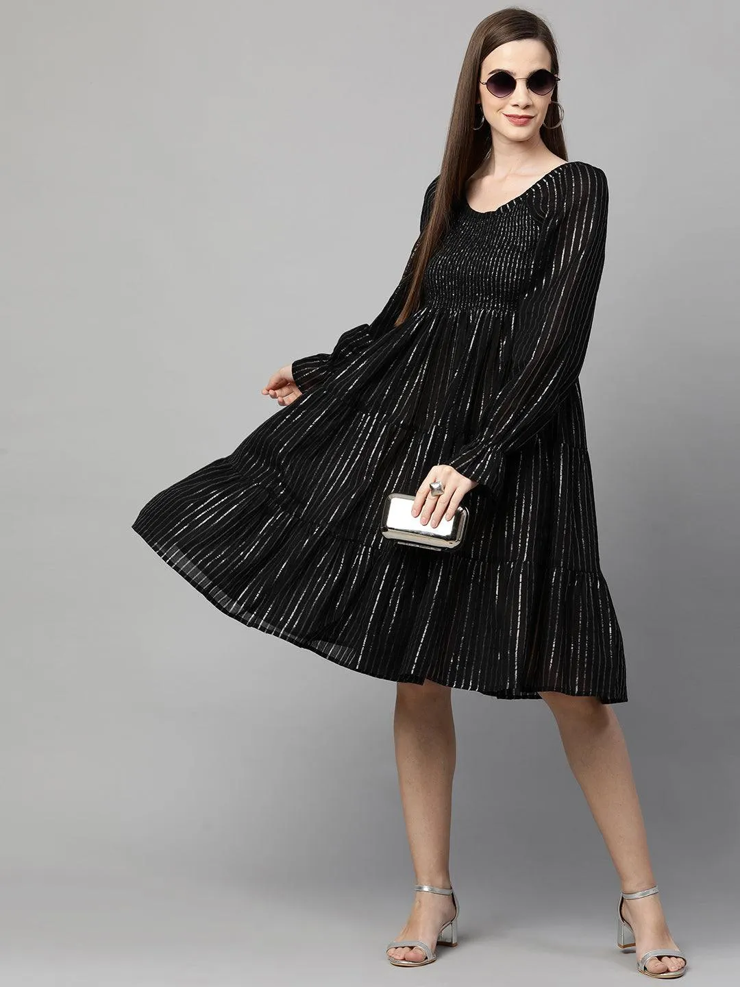 Lurex Woven Striped Smocked Dress – Black