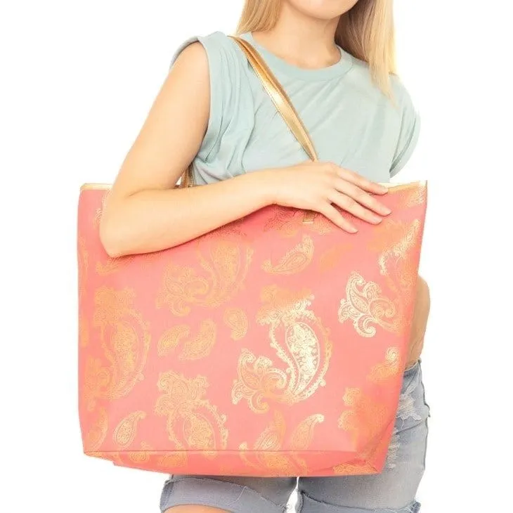 MB0126 Gold Foil Paisley Beach Bag