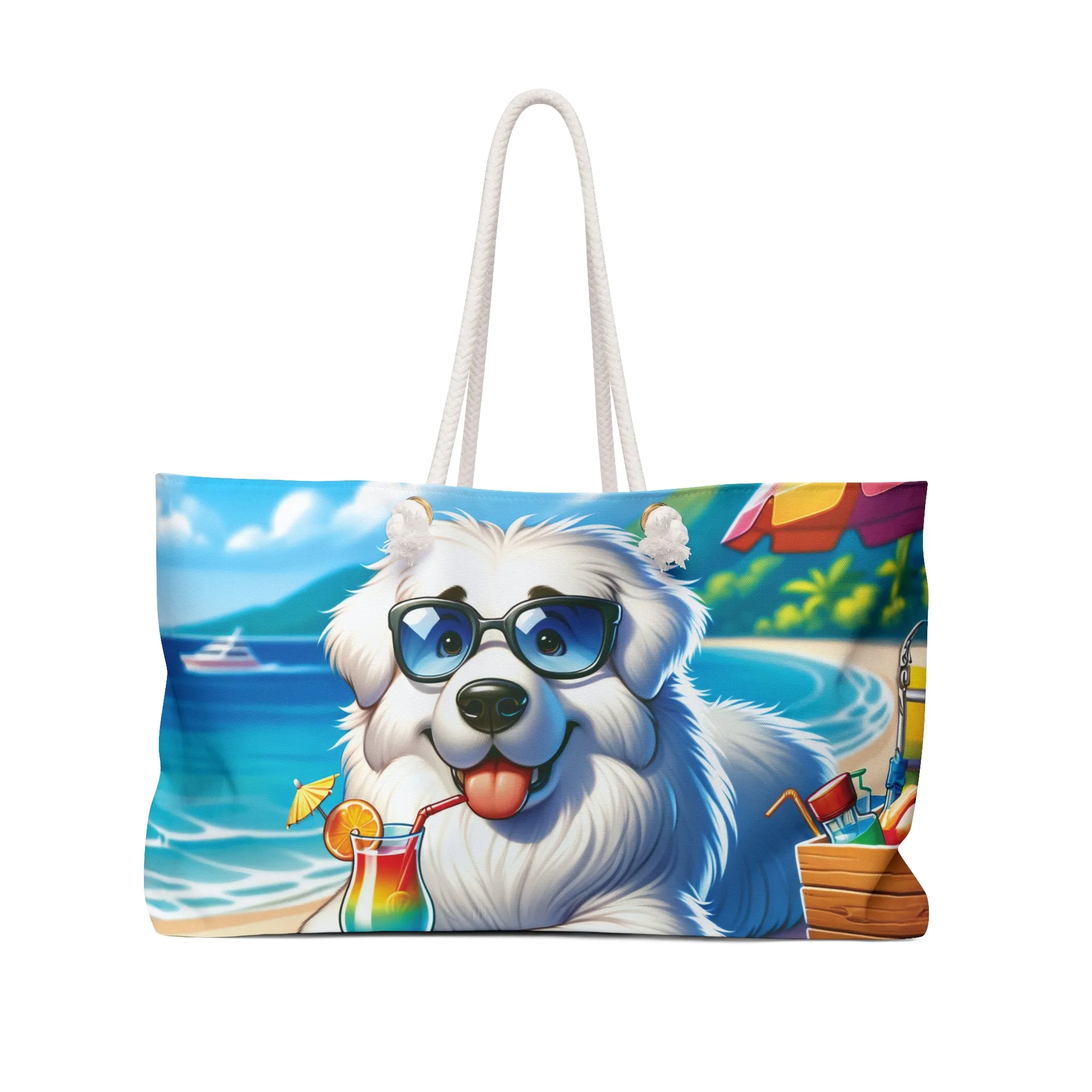 Personalised/Non-Personalised Weekender Bag, Summer Beach Dog, Great Pyrenees, Large Weekender Bag, Beach Bag, Book Bag