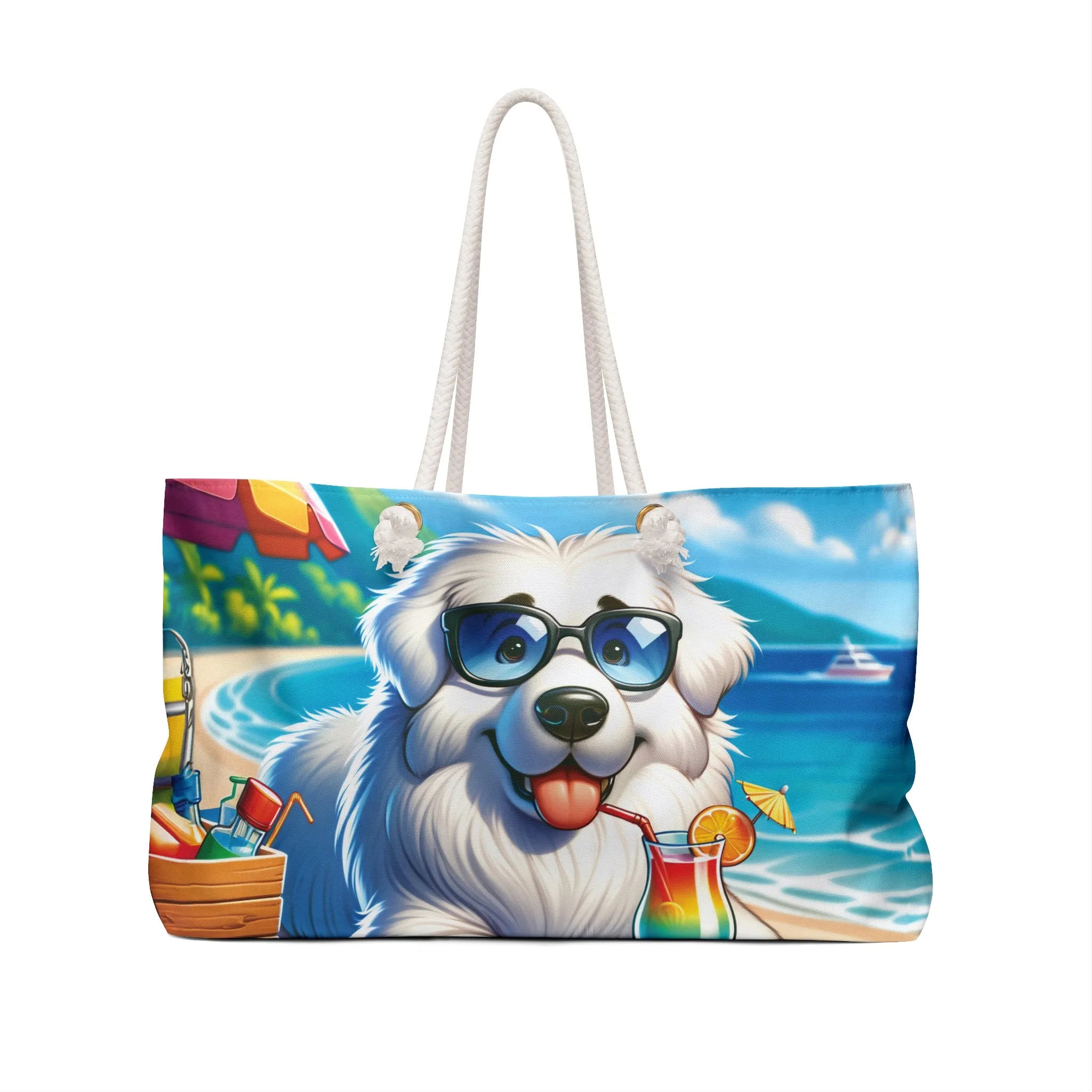 Personalised/Non-Personalised Weekender Bag, Summer Beach Dog, Great Pyrenees, Large Weekender Bag, Beach Bag, Book Bag