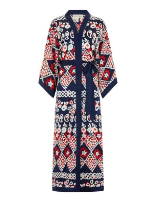 Silk Kimono Robe in Navy Batik